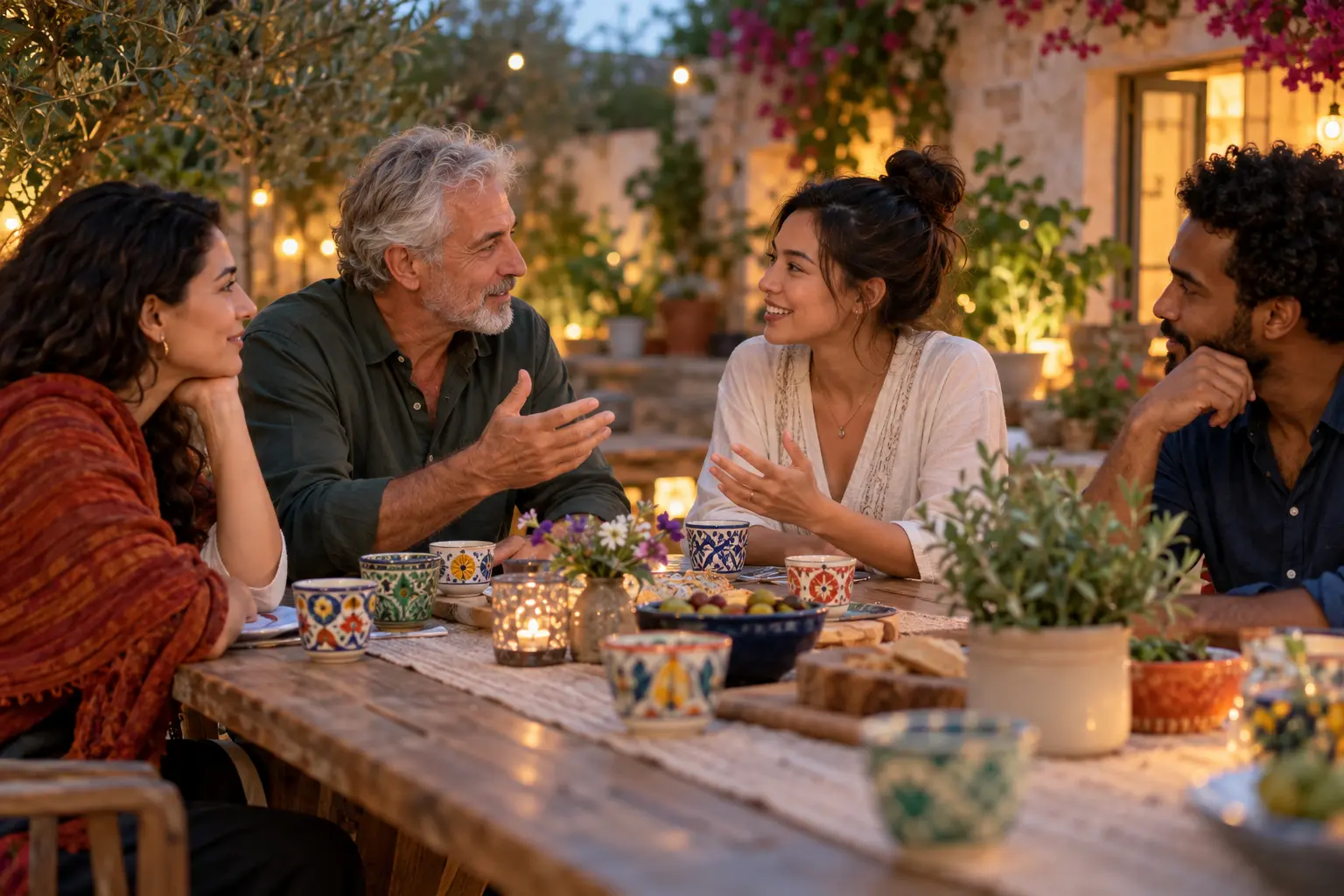 Illustrative scene of adults sharing a peaceful community conversation